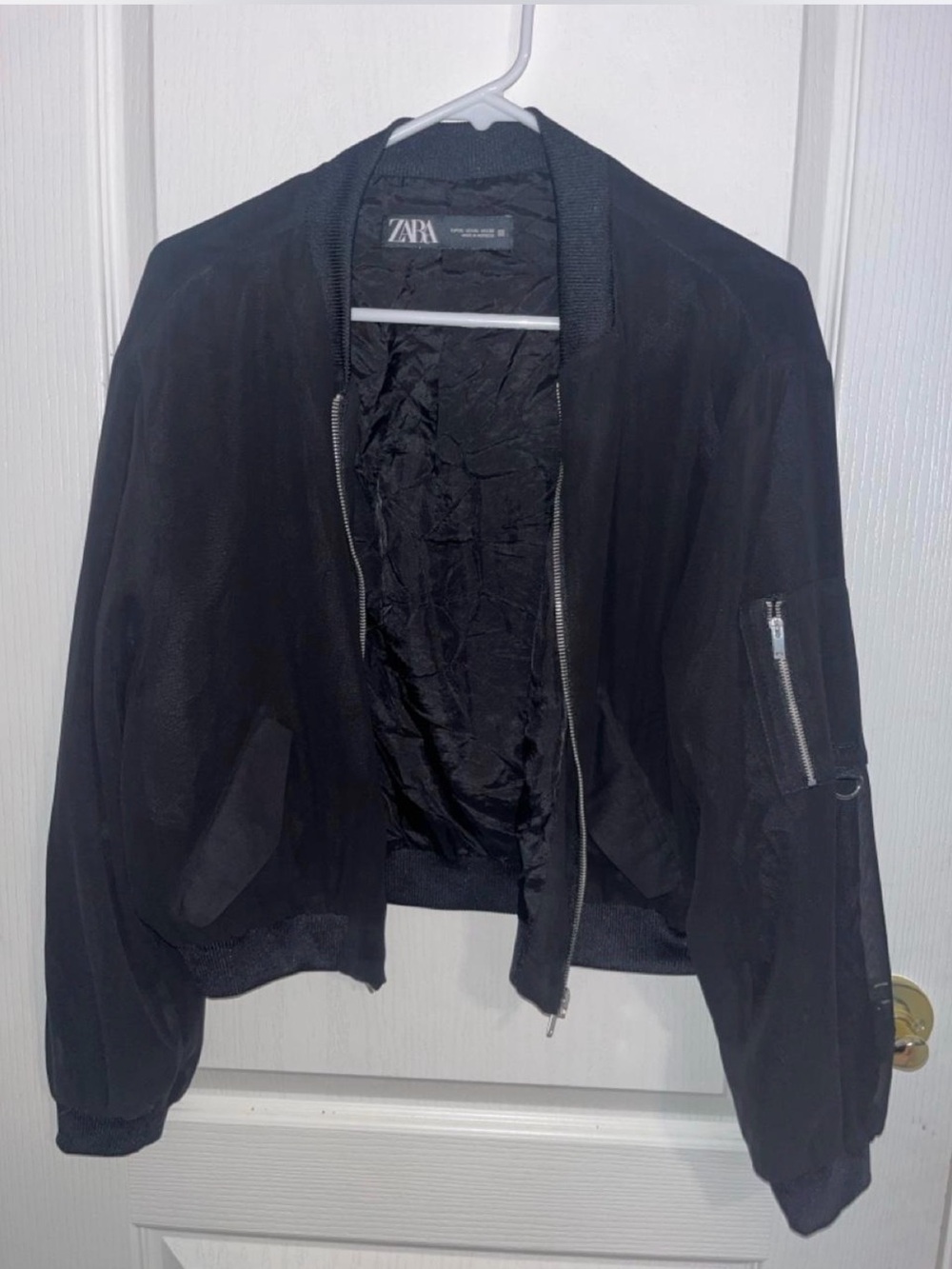 ZARA Men's Black Bomber Jacket with Sleeve Zip Pocket